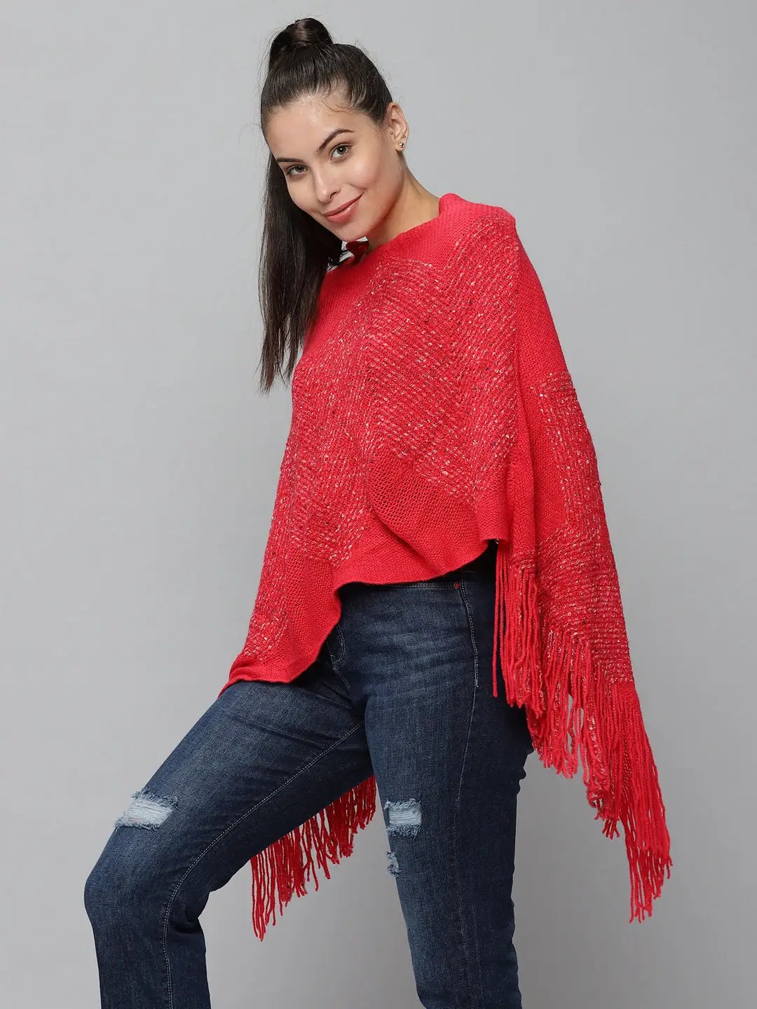 Women's Red Solid Poncho Sweater