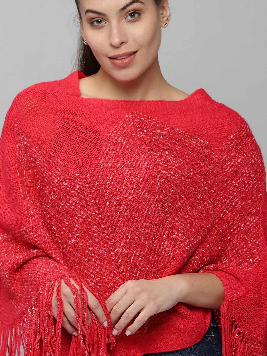 Women's Red Solid Poncho Sweater