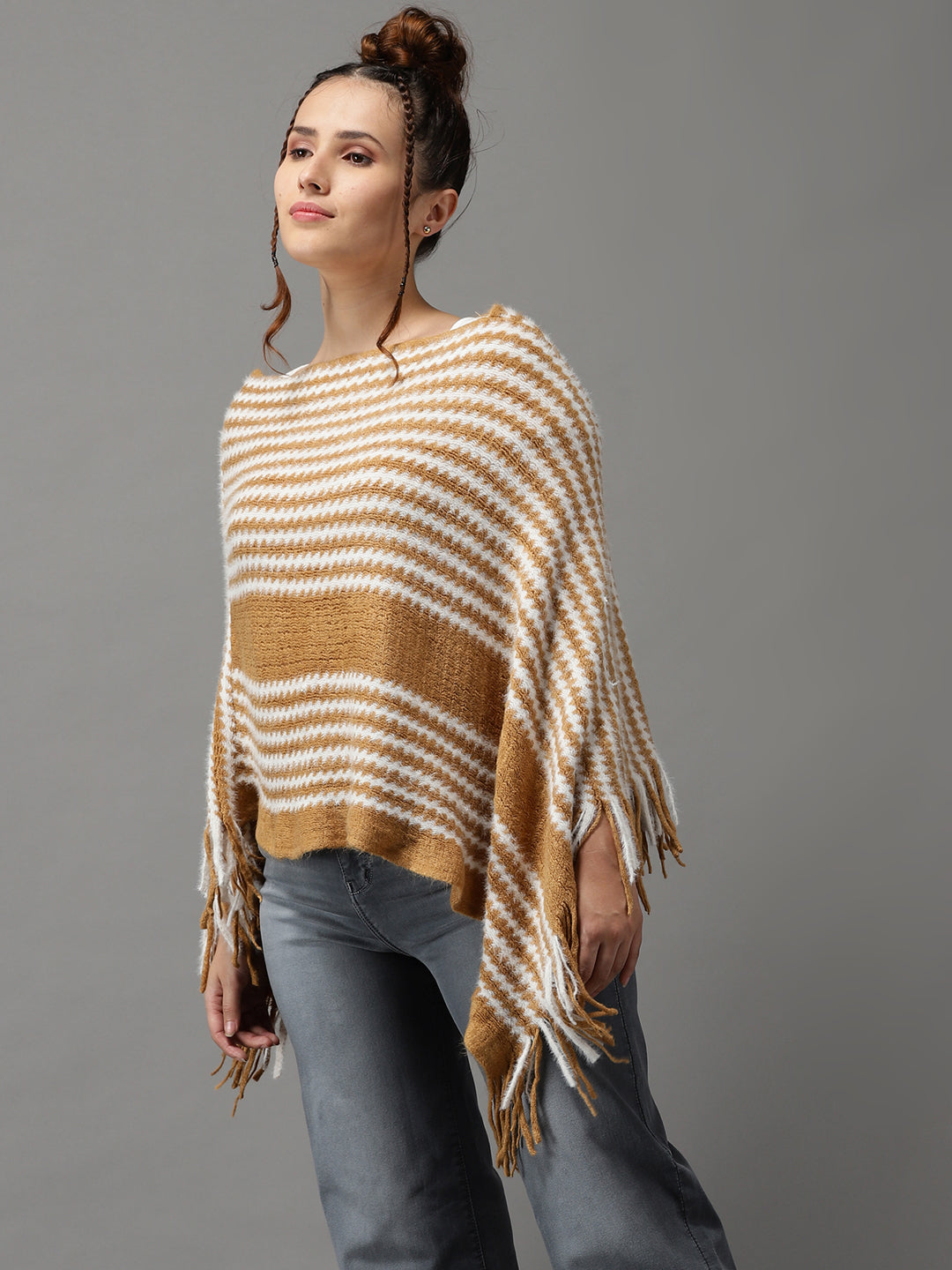 Women's Camel Brown Striped Poncho Sweater