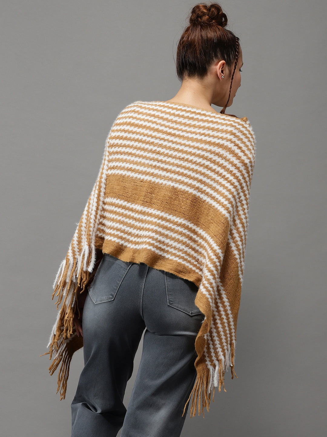 Women's Camel Brown Striped Poncho Sweater