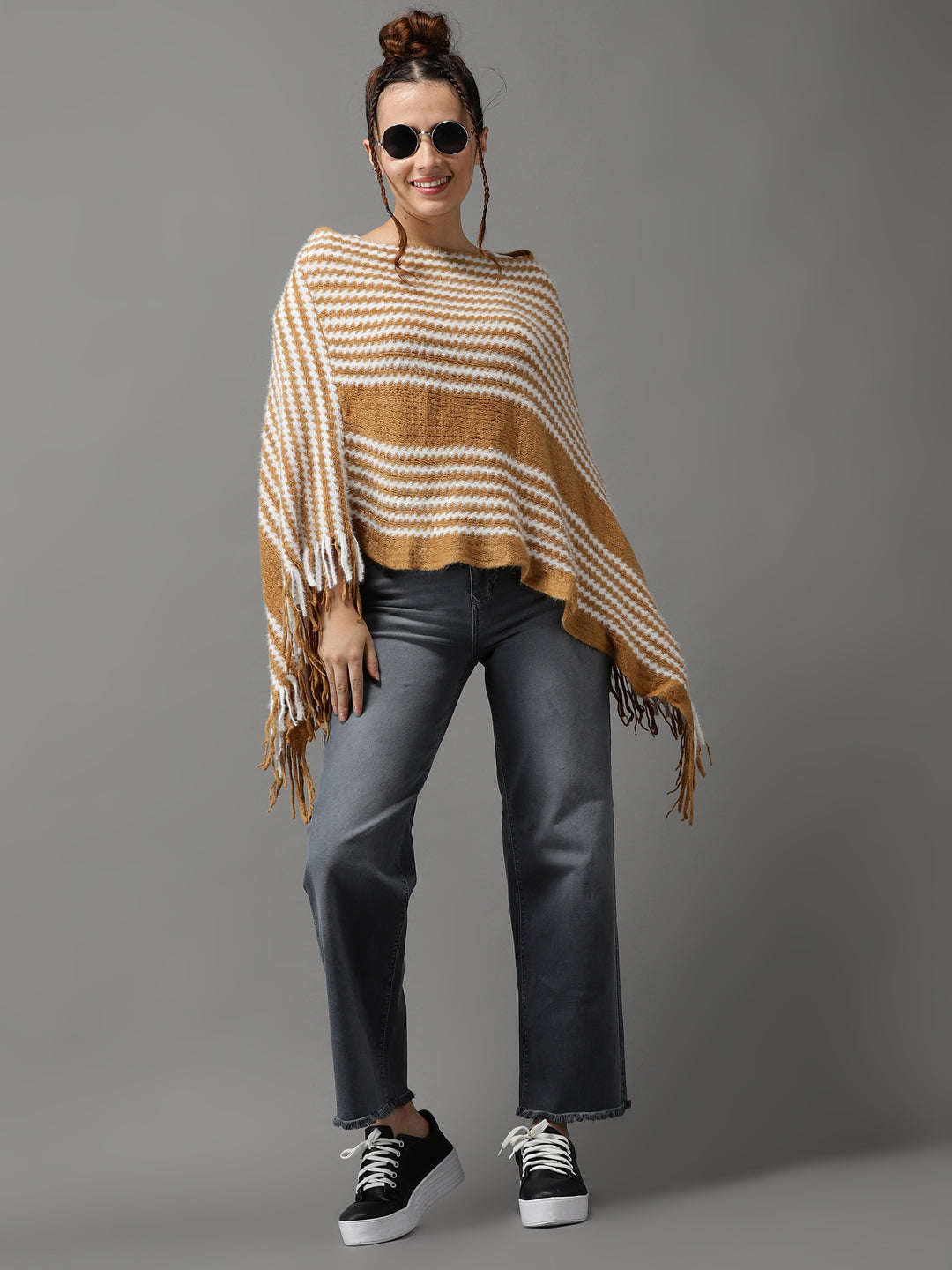 Women's Camel Brown Striped Poncho Sweater