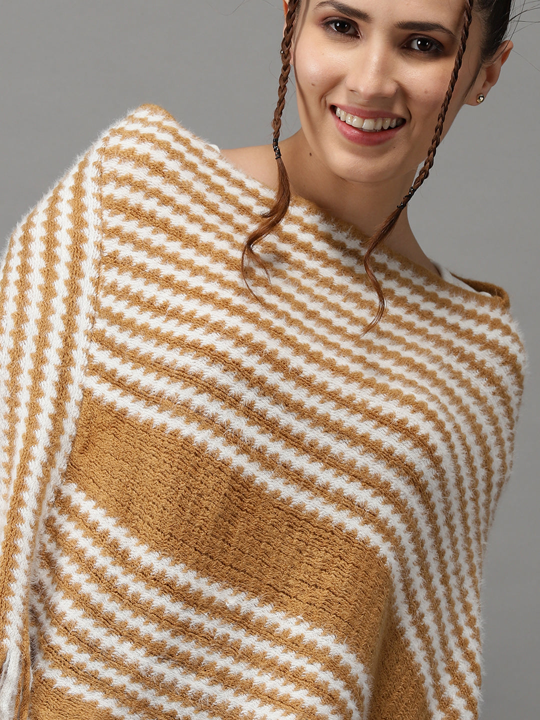 Women's Camel Brown Striped Poncho Sweater