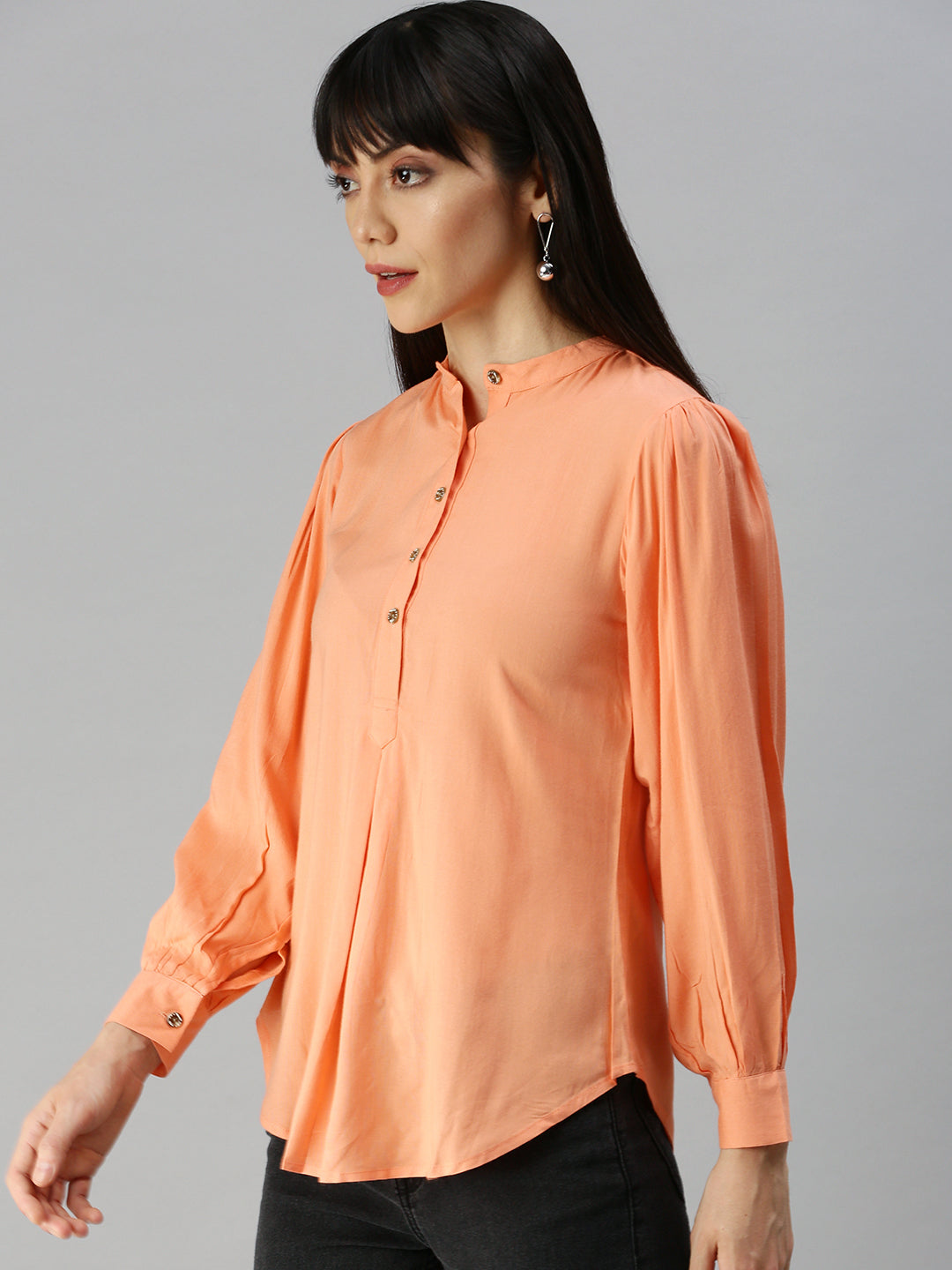 Women's Peach Mandarin Collar Shirt Style Top
