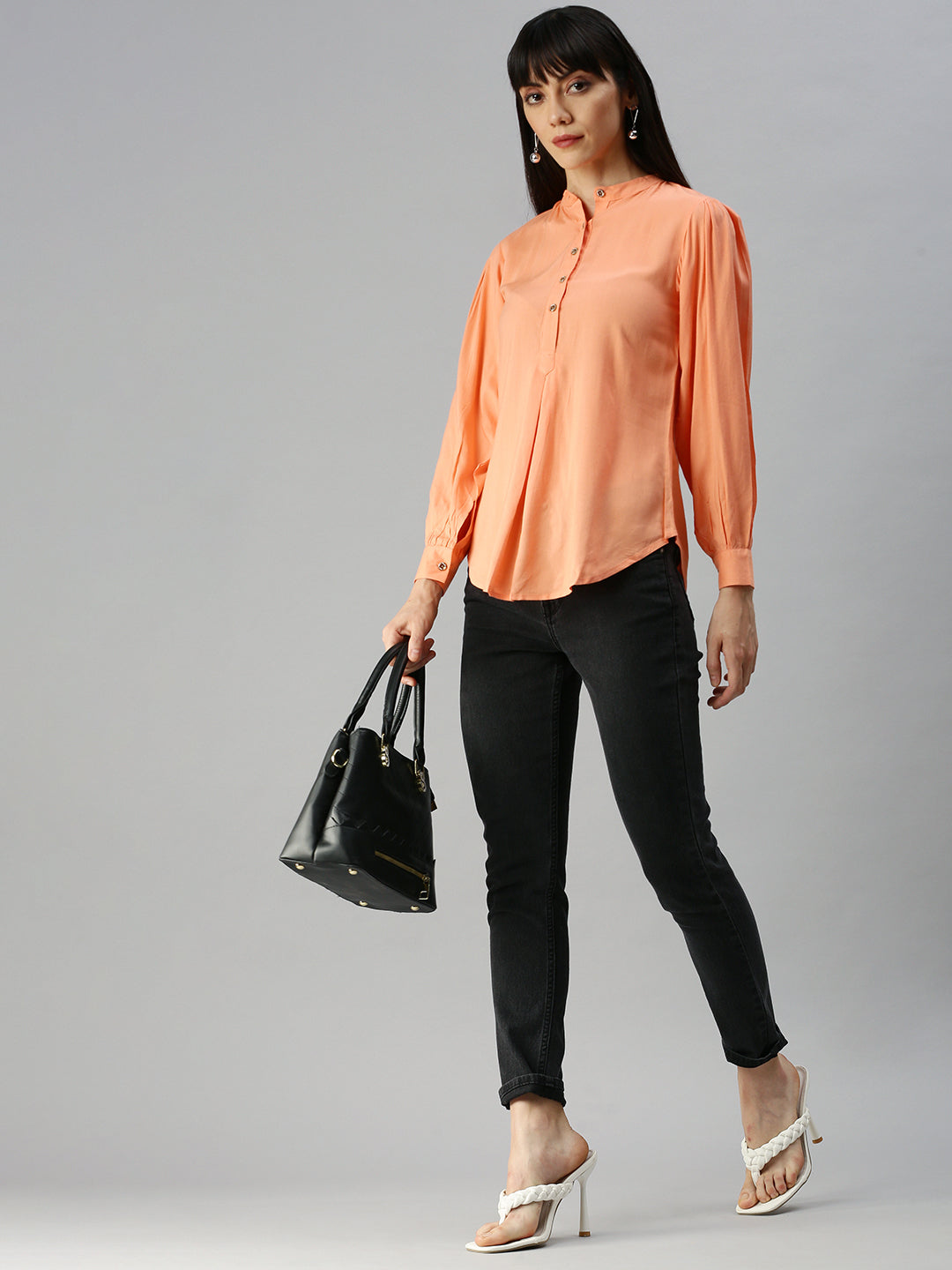 Women's Peach Mandarin Collar Shirt Style Top
