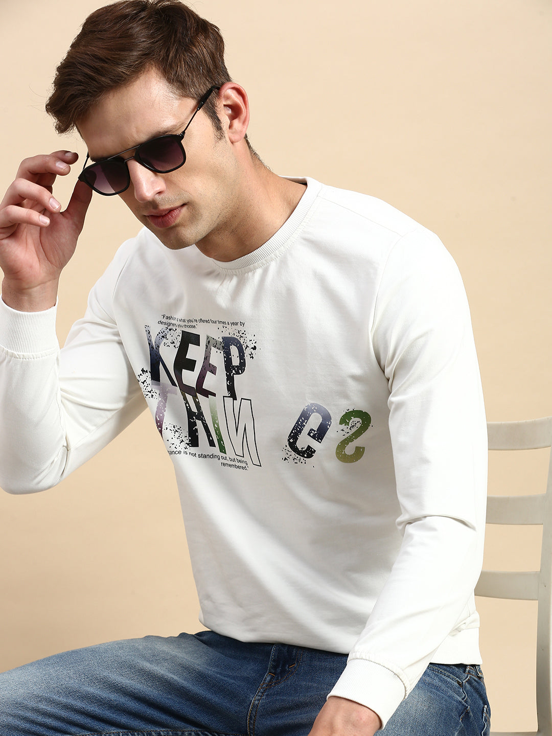 Men White Printed Casual Sweatshirt