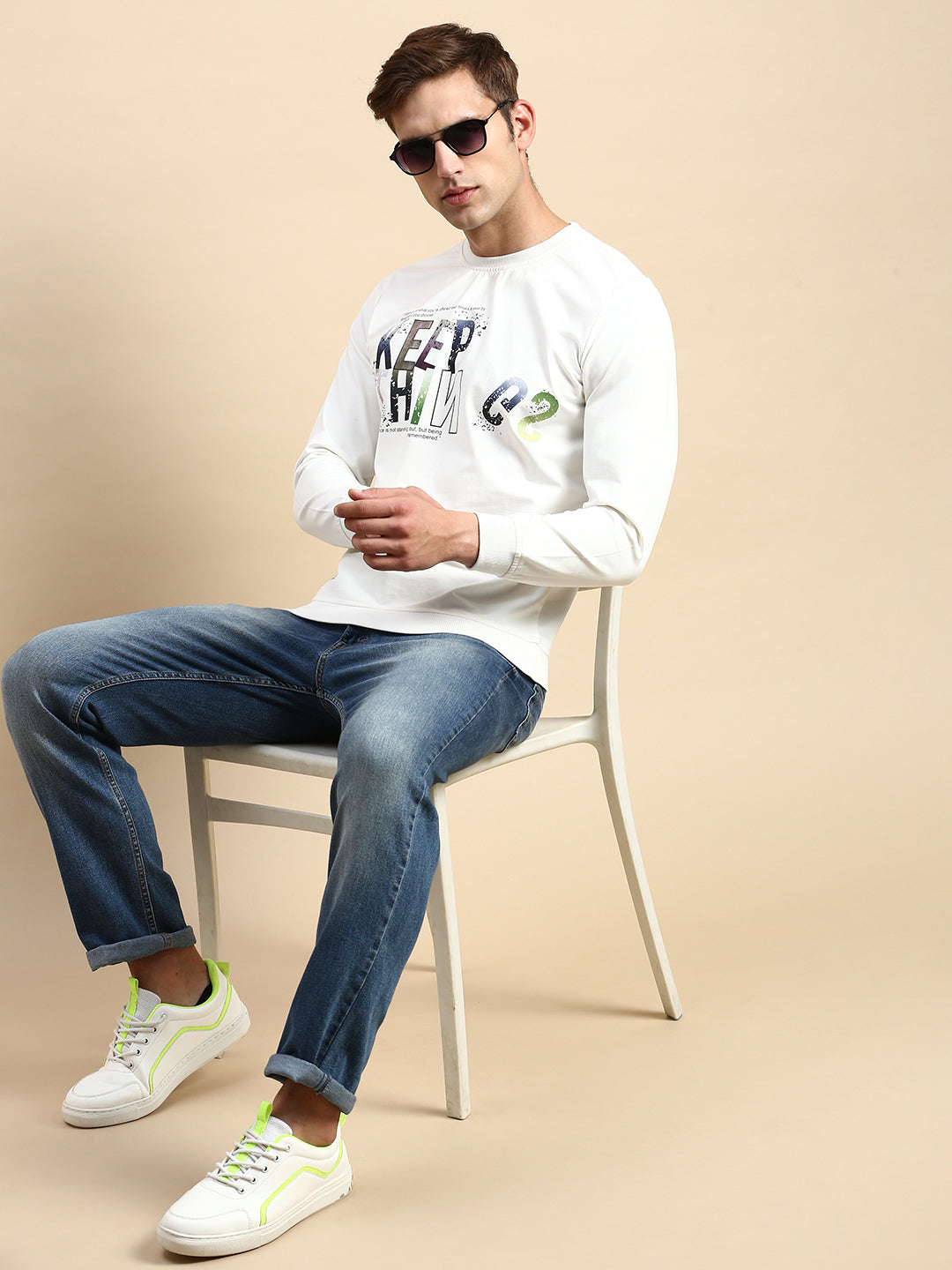 Men White Printed Casual Sweatshirt