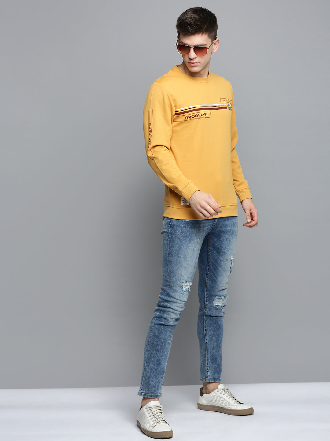 Men Yellow Printed Casual Sweatshirt