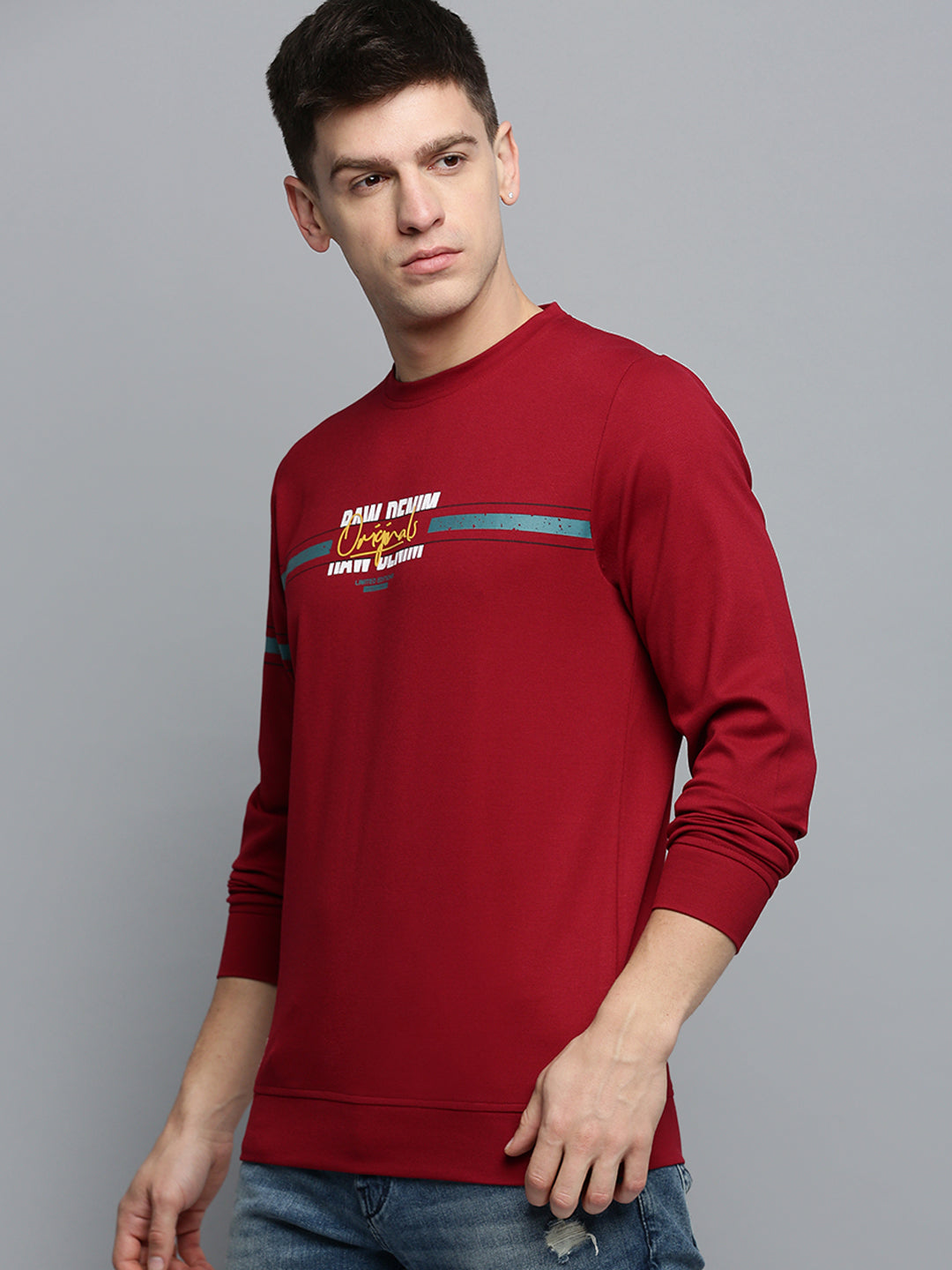 Men Maroon Printed Casual Sweatshirt