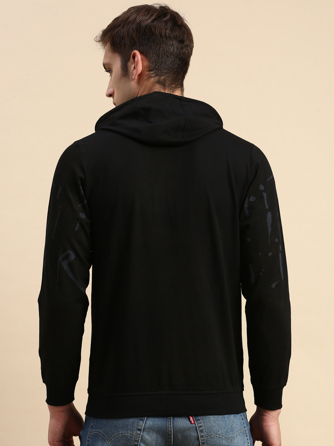 Men Black Printed Casual Hoodie