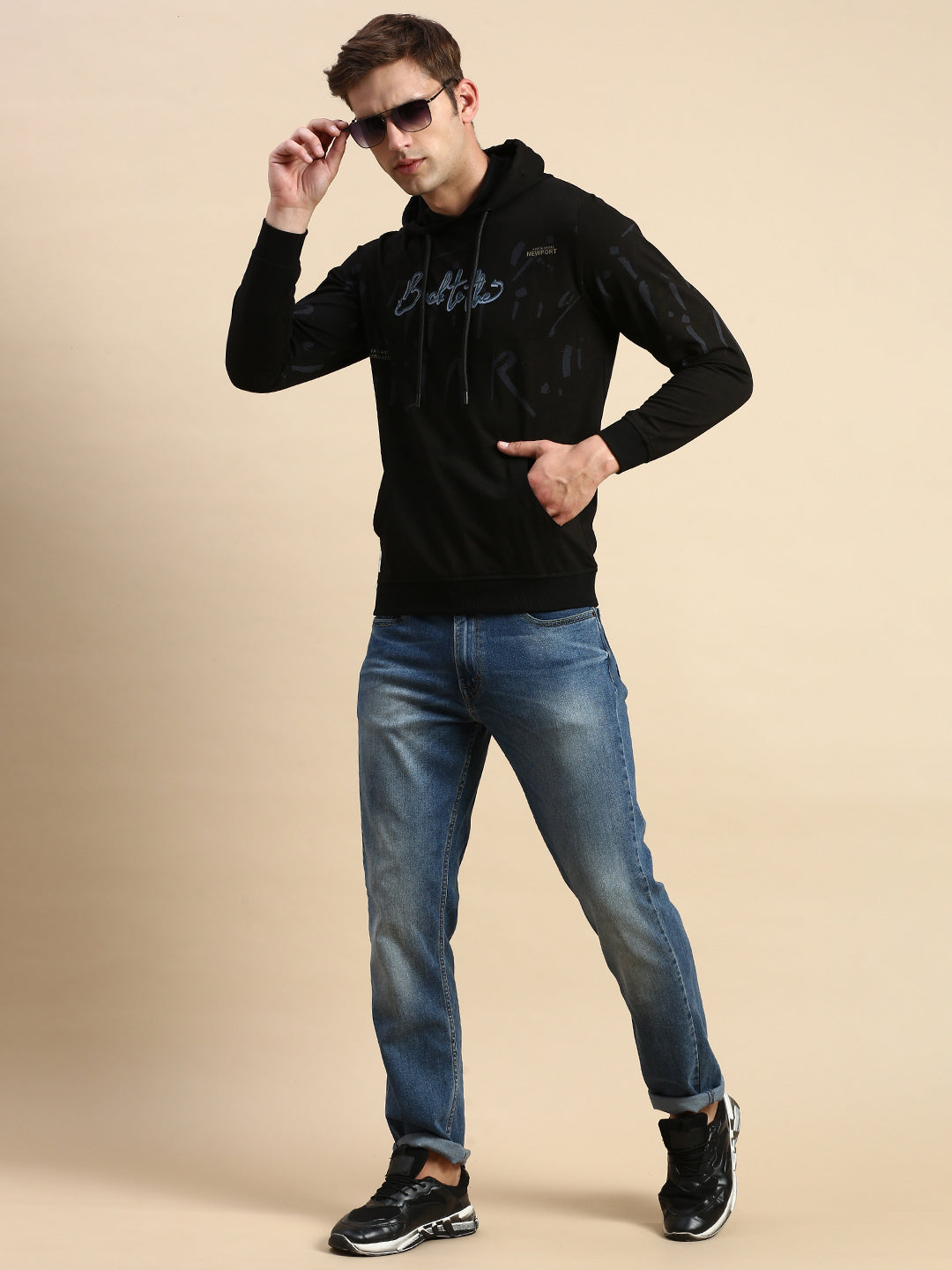 Men Black Printed Casual Hoodie