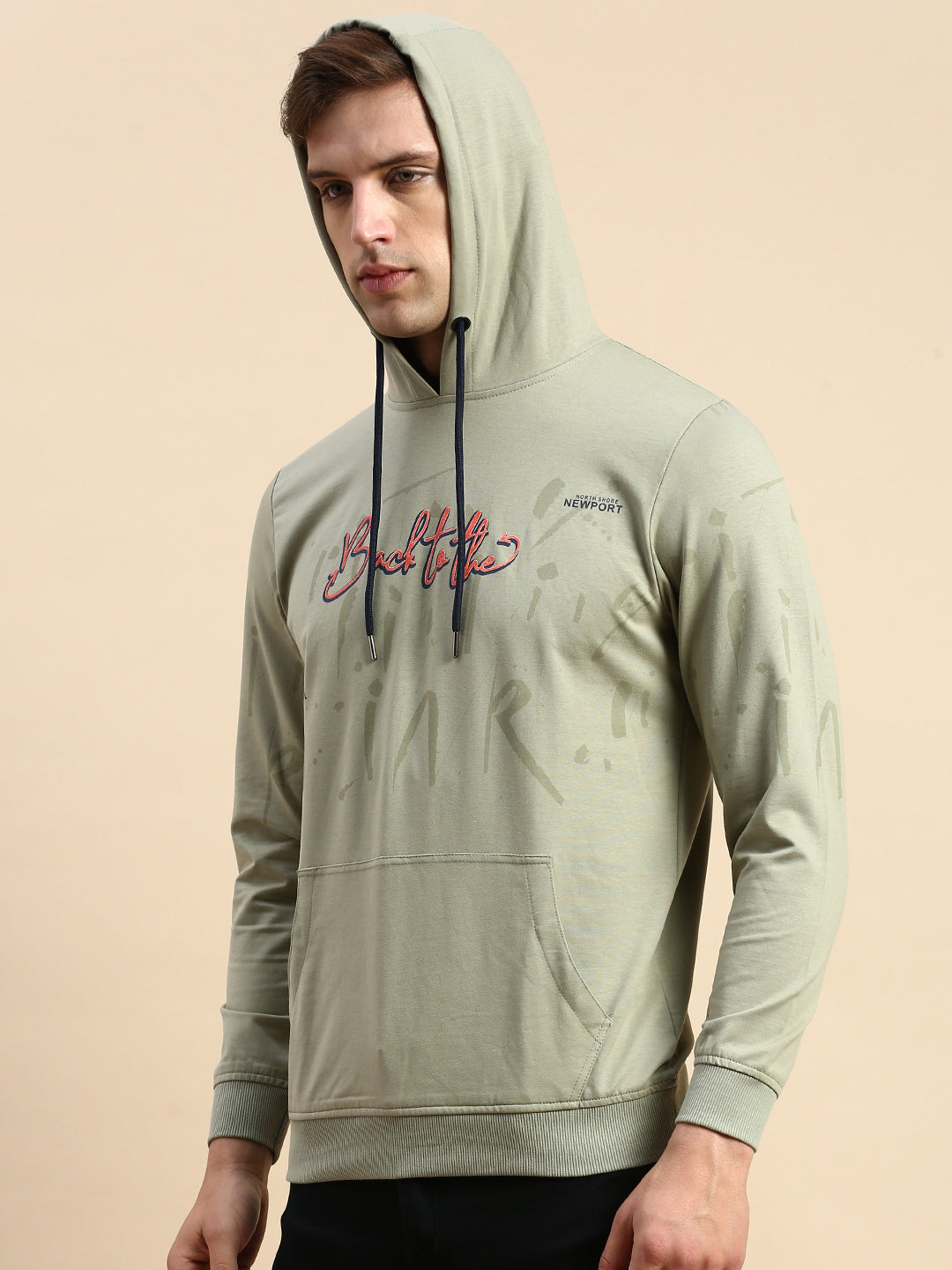 Men Green Printed Casual Hoodie