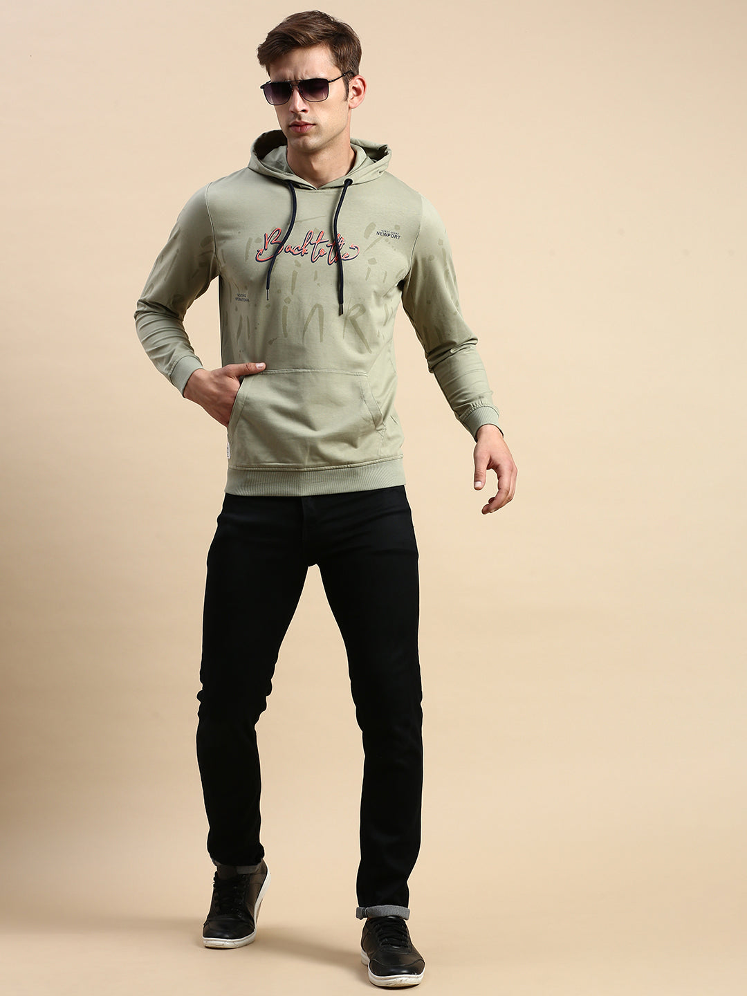 Men Green Printed Casual Hoodie