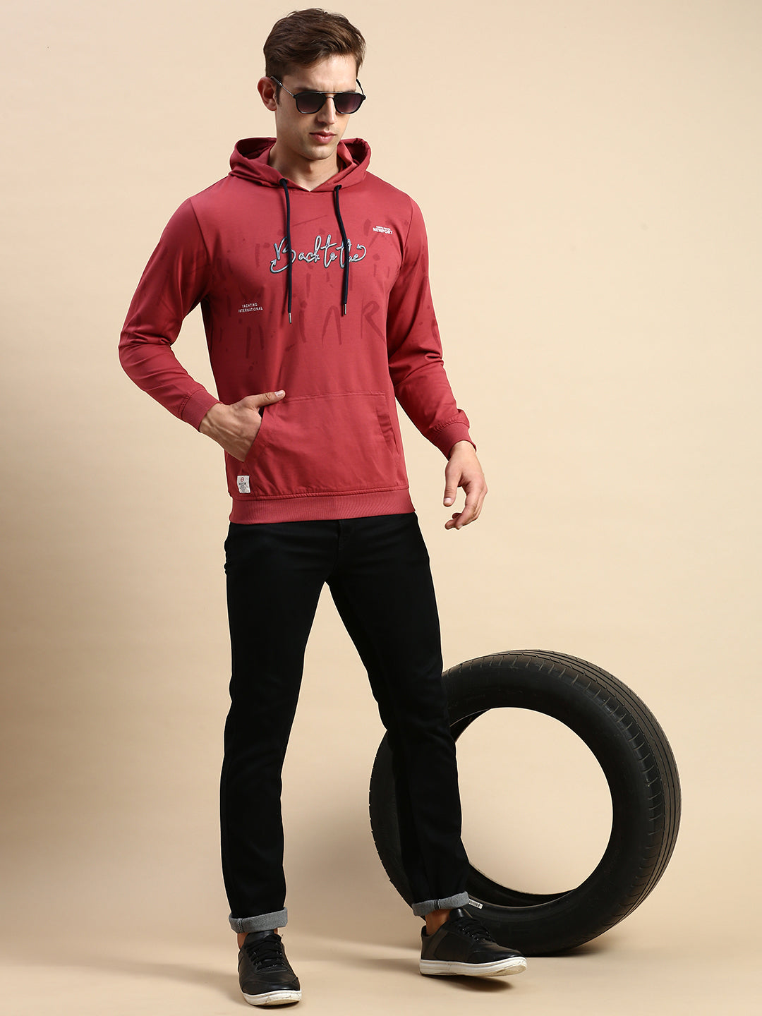 Men Pink Printed Casual Hoodie