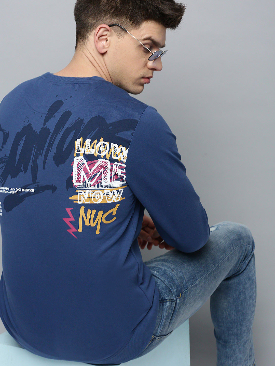 Men Blue Printed Casual Sweatshirt