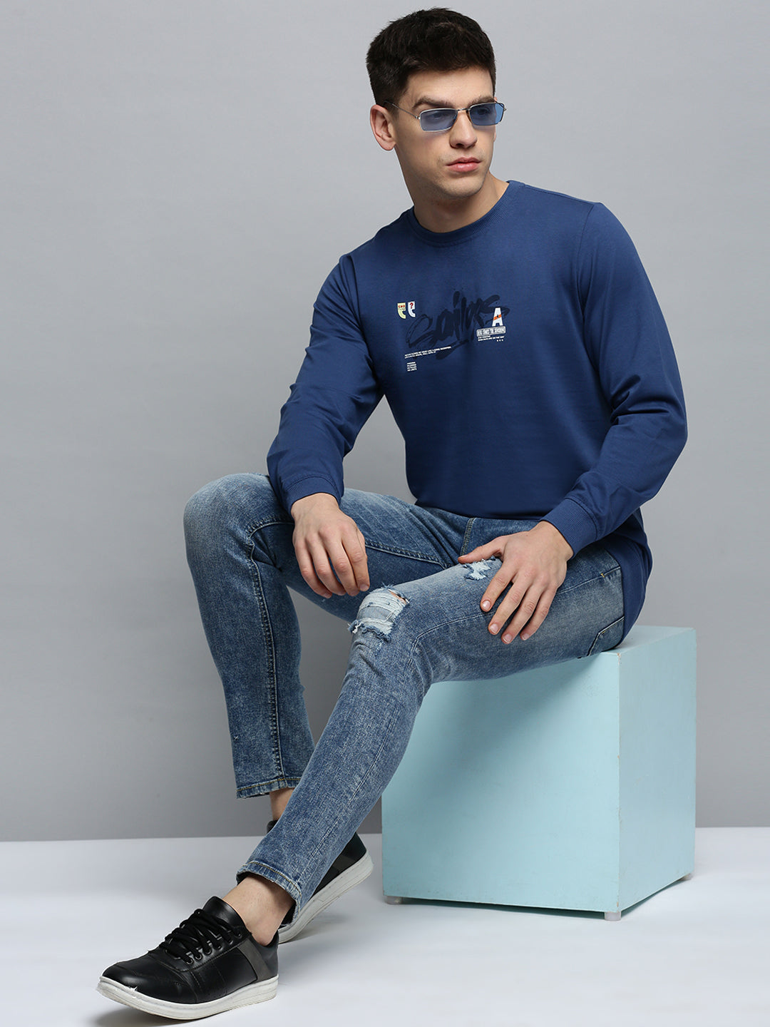 Men Blue Printed Casual Sweatshirt