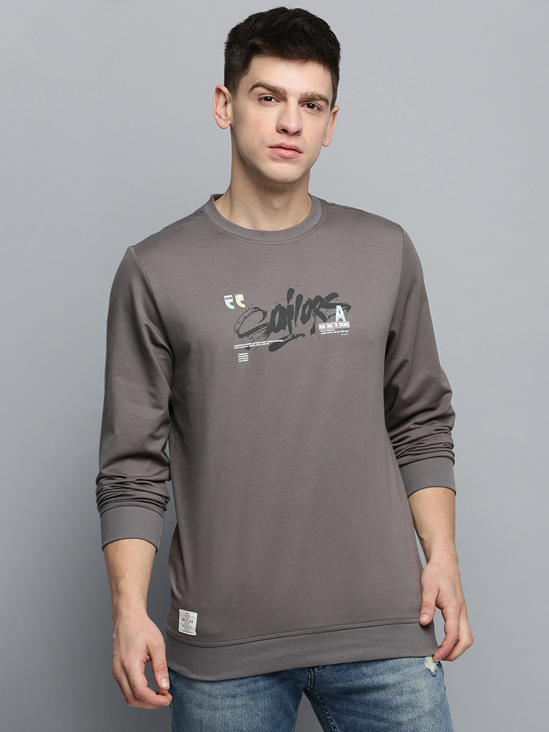 Men Grey Printed Casual Sweatshirt