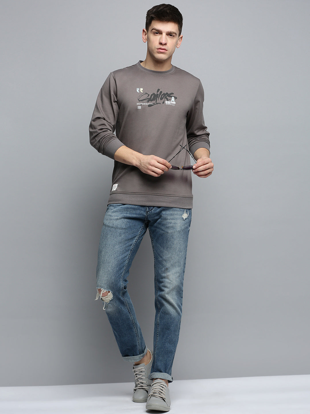 Men Grey Printed Casual Sweatshirt