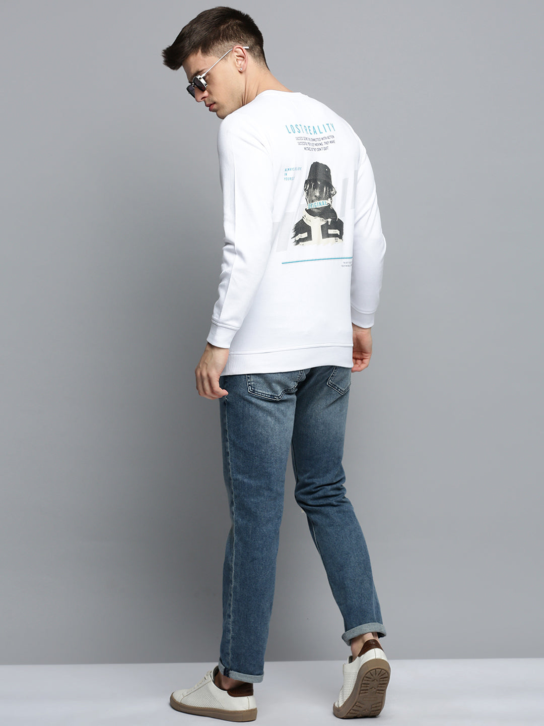 Men White Printed Casual Sweatshirt