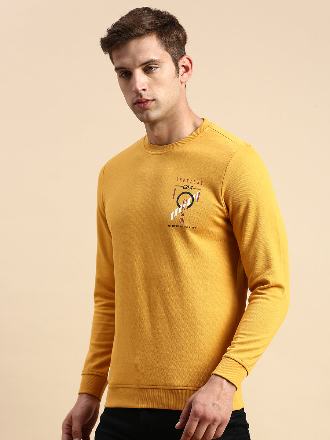 Men Yellow Printed Casual Sweatshirt