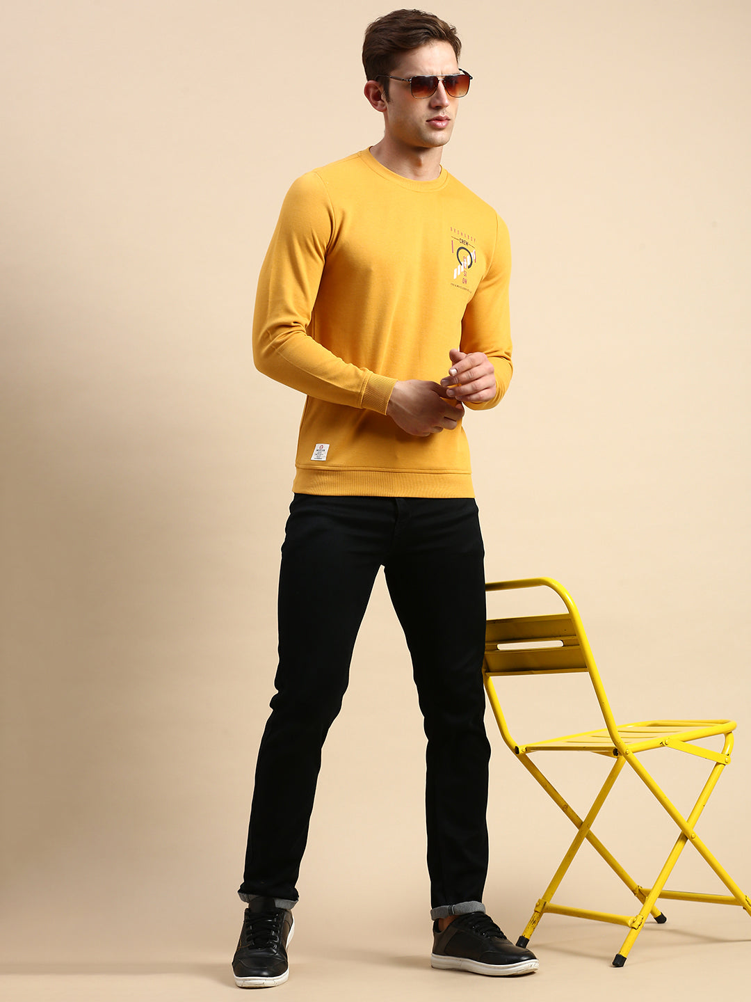 Men Yellow Printed Casual Sweatshirt