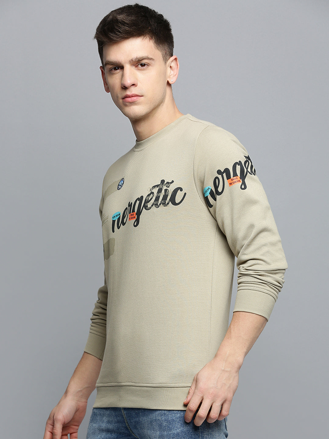 Men Beige Printed Casual Sweatshirt