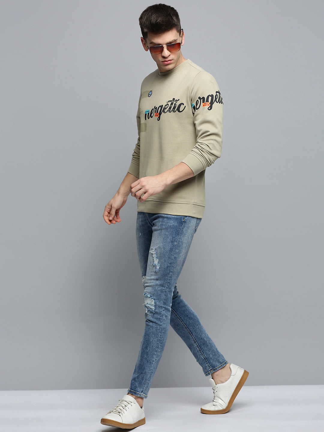 Men Beige Printed Casual Sweatshirt