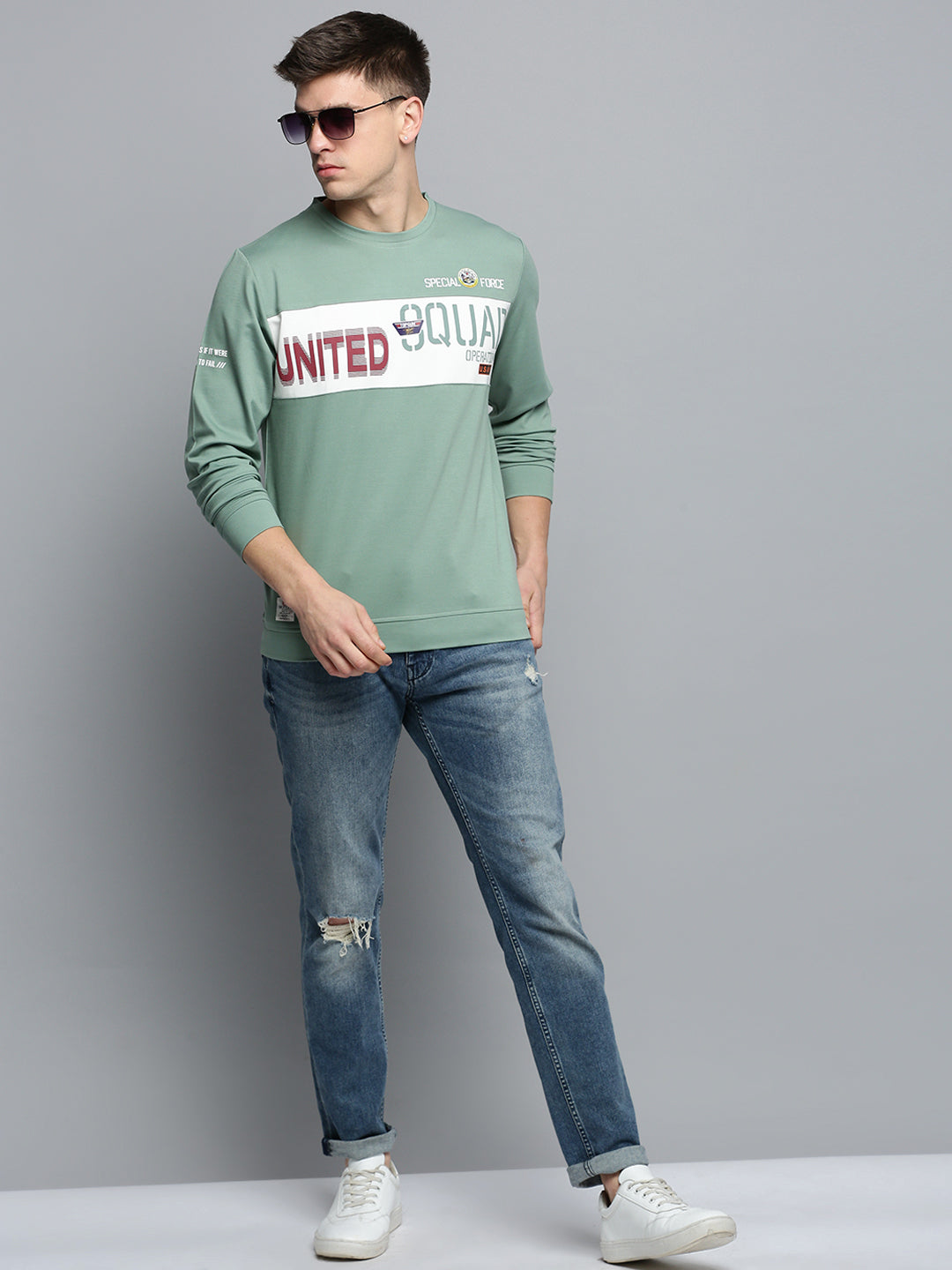 Men Green Printed Casual Sweatshirt