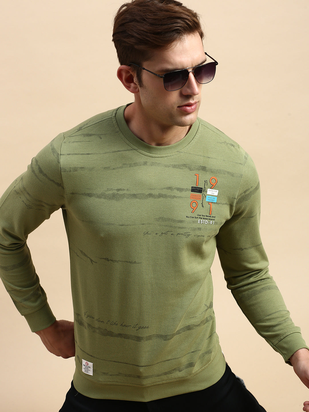 Men Green Printed Casual Sweatshirt