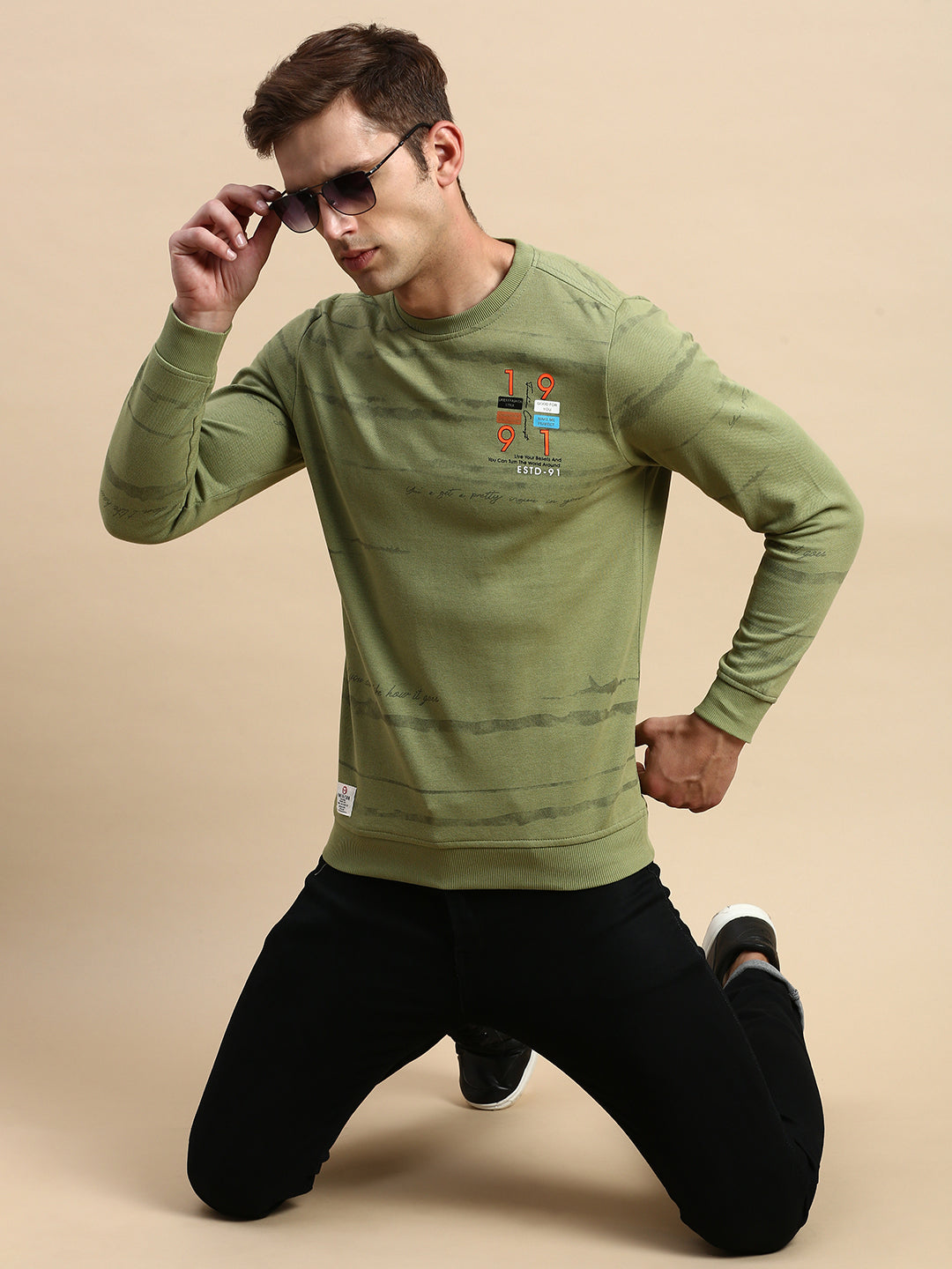 Men Green Printed Casual Sweatshirt