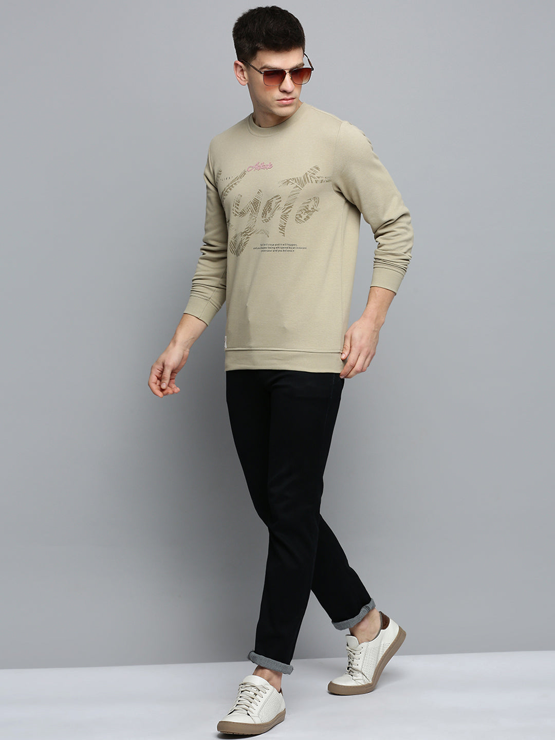 Men Beige Solid Casual Sweatshirt