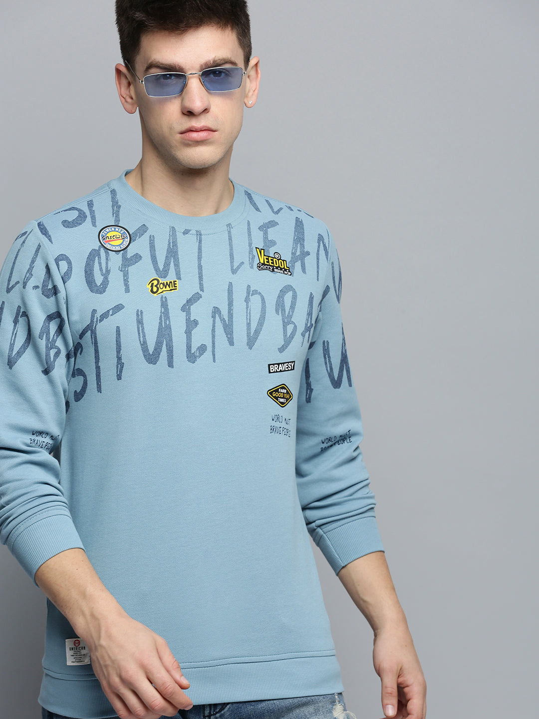 Men Blue Printed Casual Sweatshirt