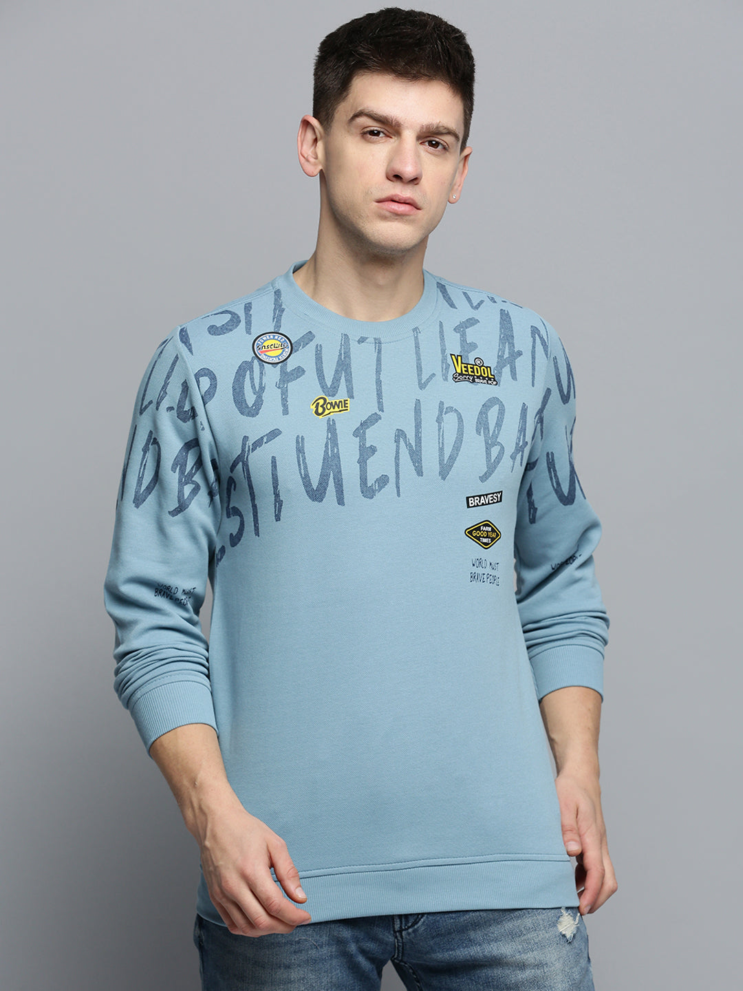 Men Blue Printed Casual Sweatshirt