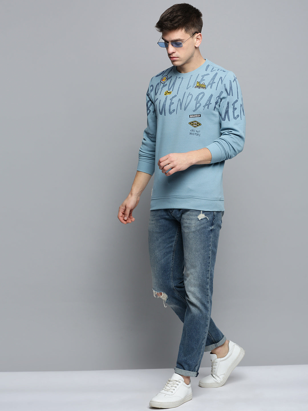 Men Blue Printed Casual Sweatshirt