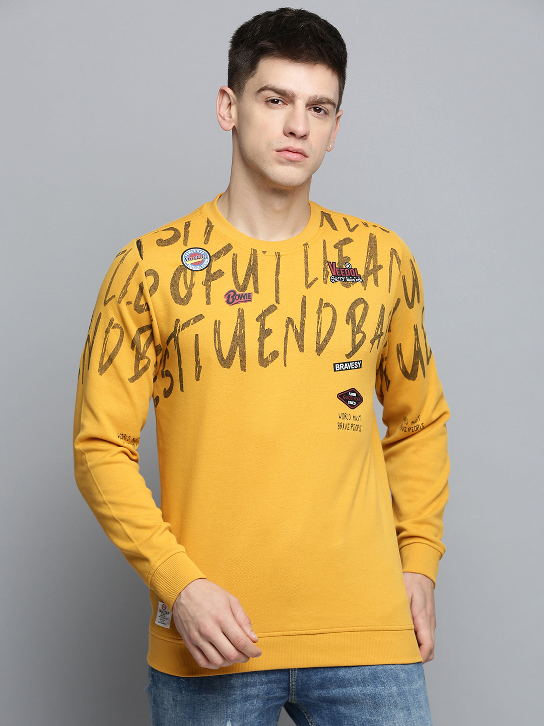 Men Yellow Printed Casual Sweatshirt