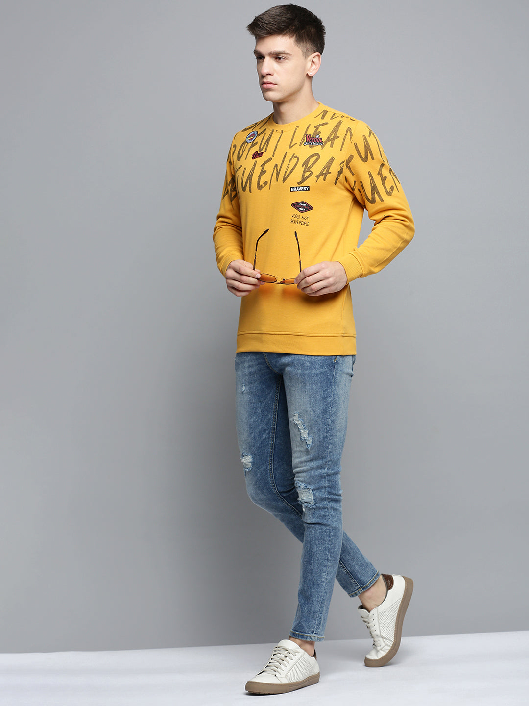 Men Yellow Printed Casual Sweatshirt