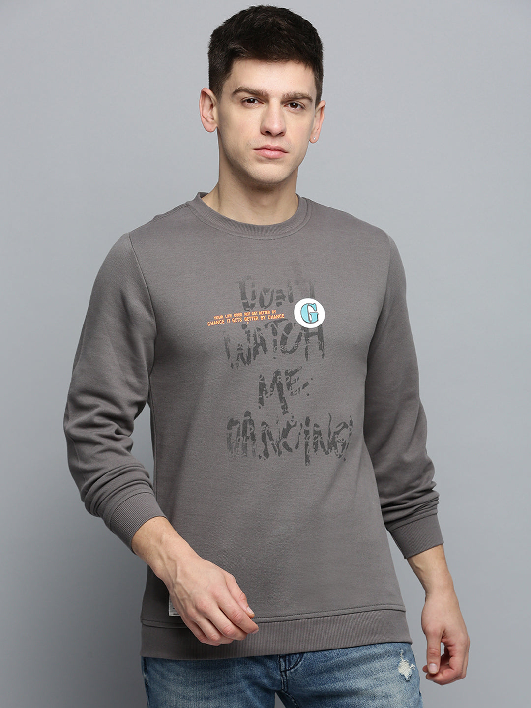 Men Grey Printed Casual Sweatshirt