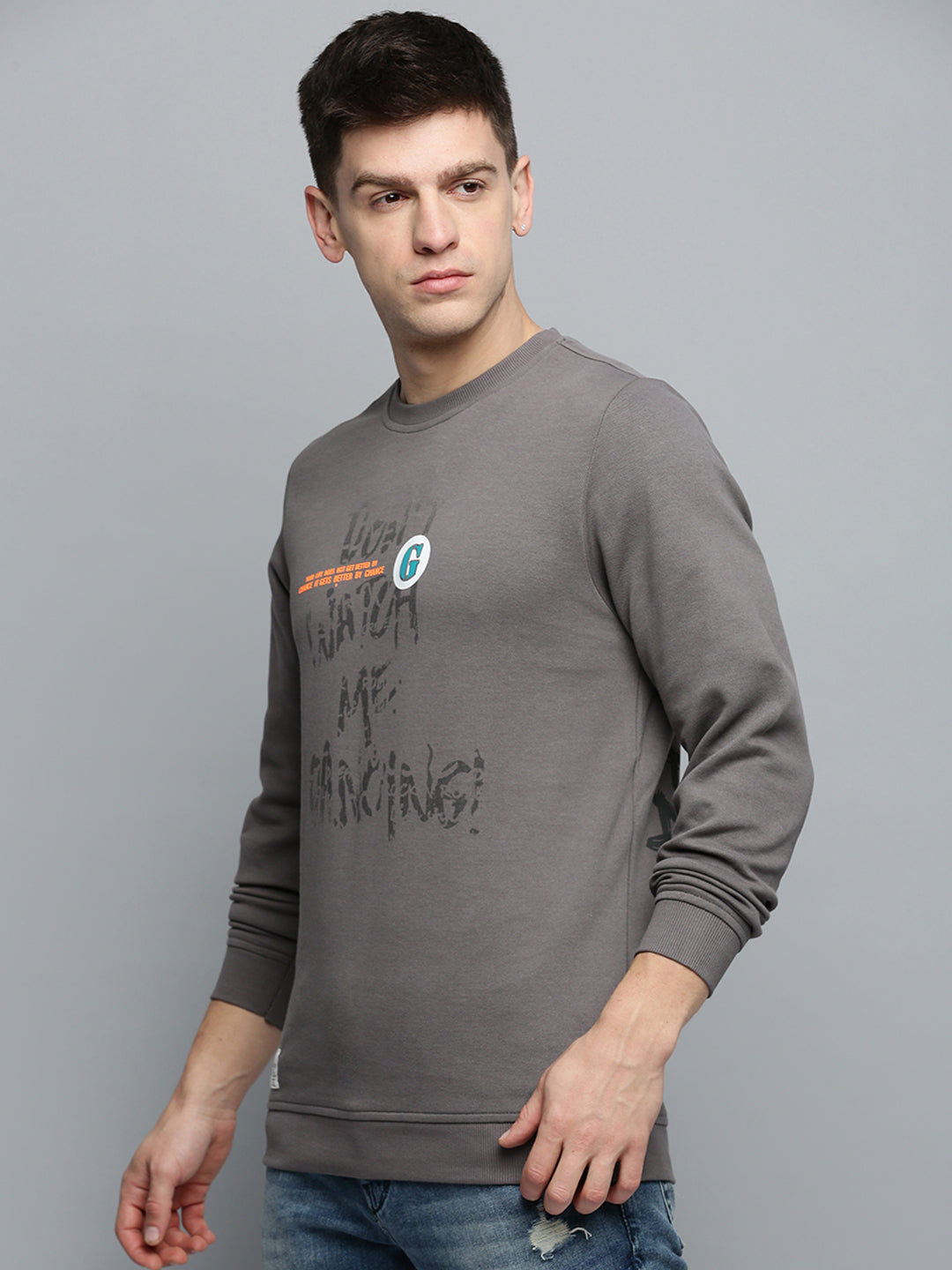 Men Grey Printed Casual Sweatshirt