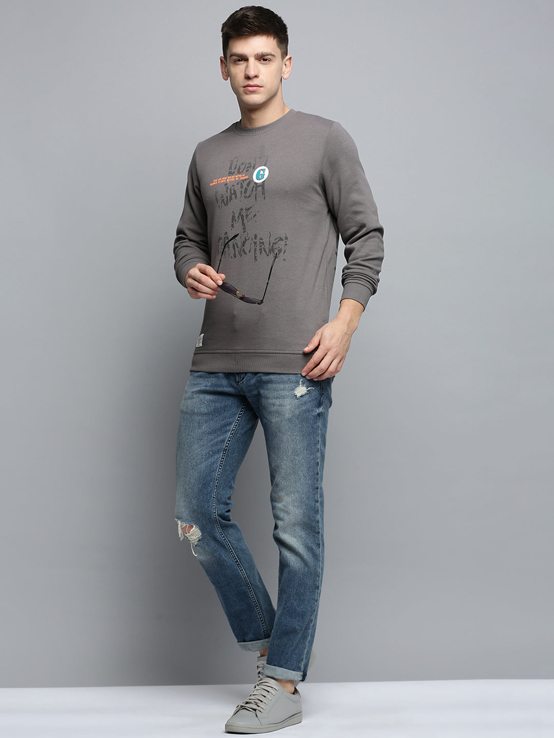 Men Grey Printed Casual Sweatshirt