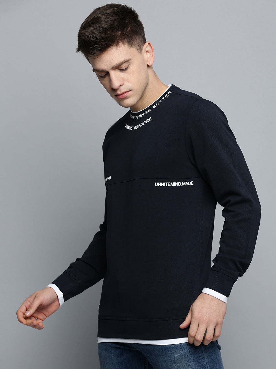 Men Navy Solid Casual Sweatshirt