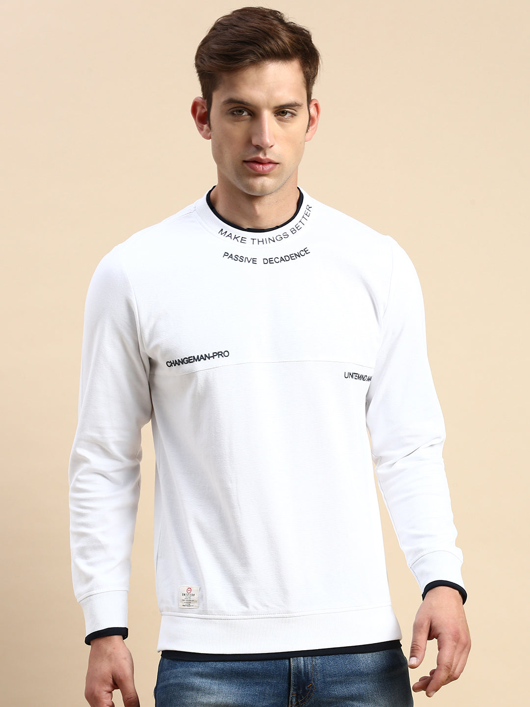 Men White Solid Casual Sweatshirt