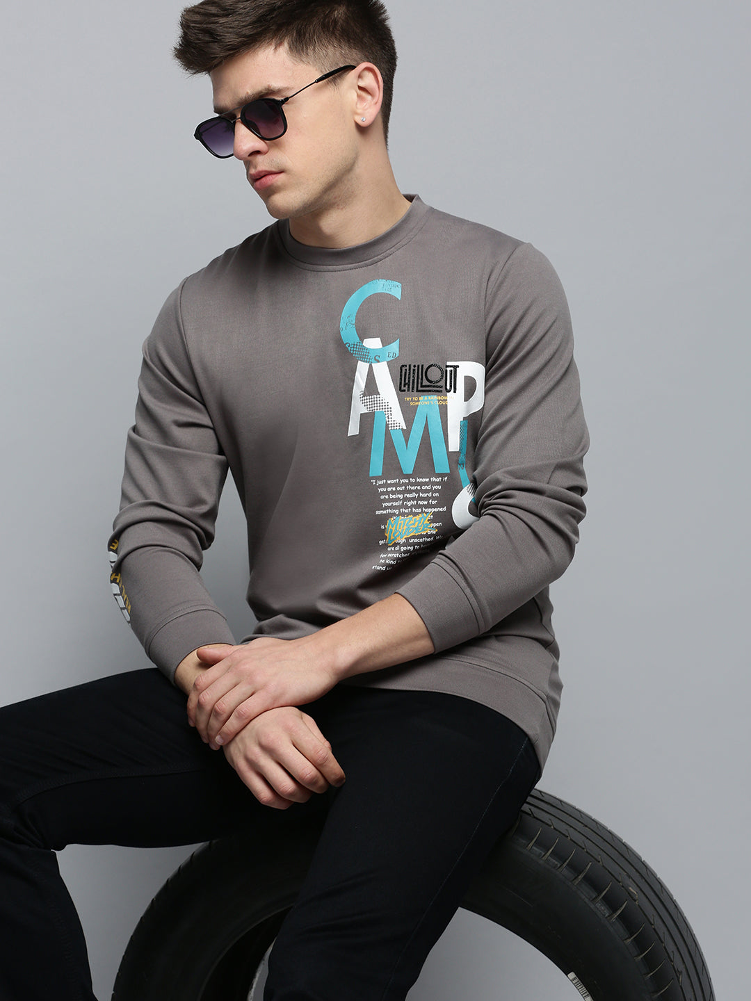 Men Grey Printed Casual Sweatshirt