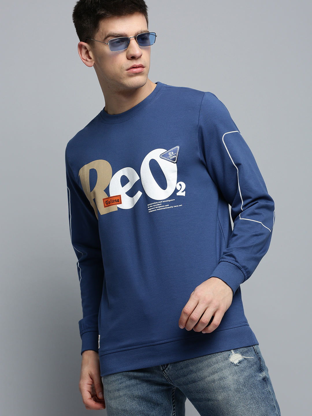 Men Blue Printed Casual Sweatshirt