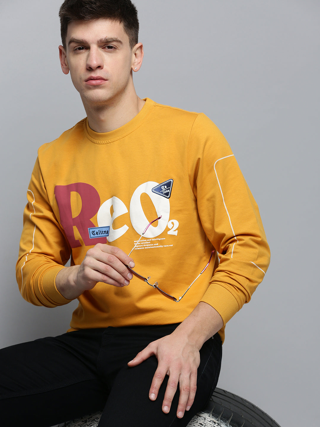 Men Yellow Printed Casual Sweatshirt