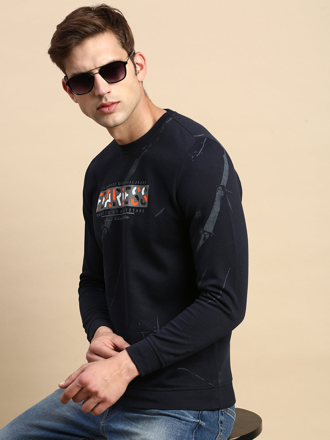 Men Navy Printed Casual Sweatshirt