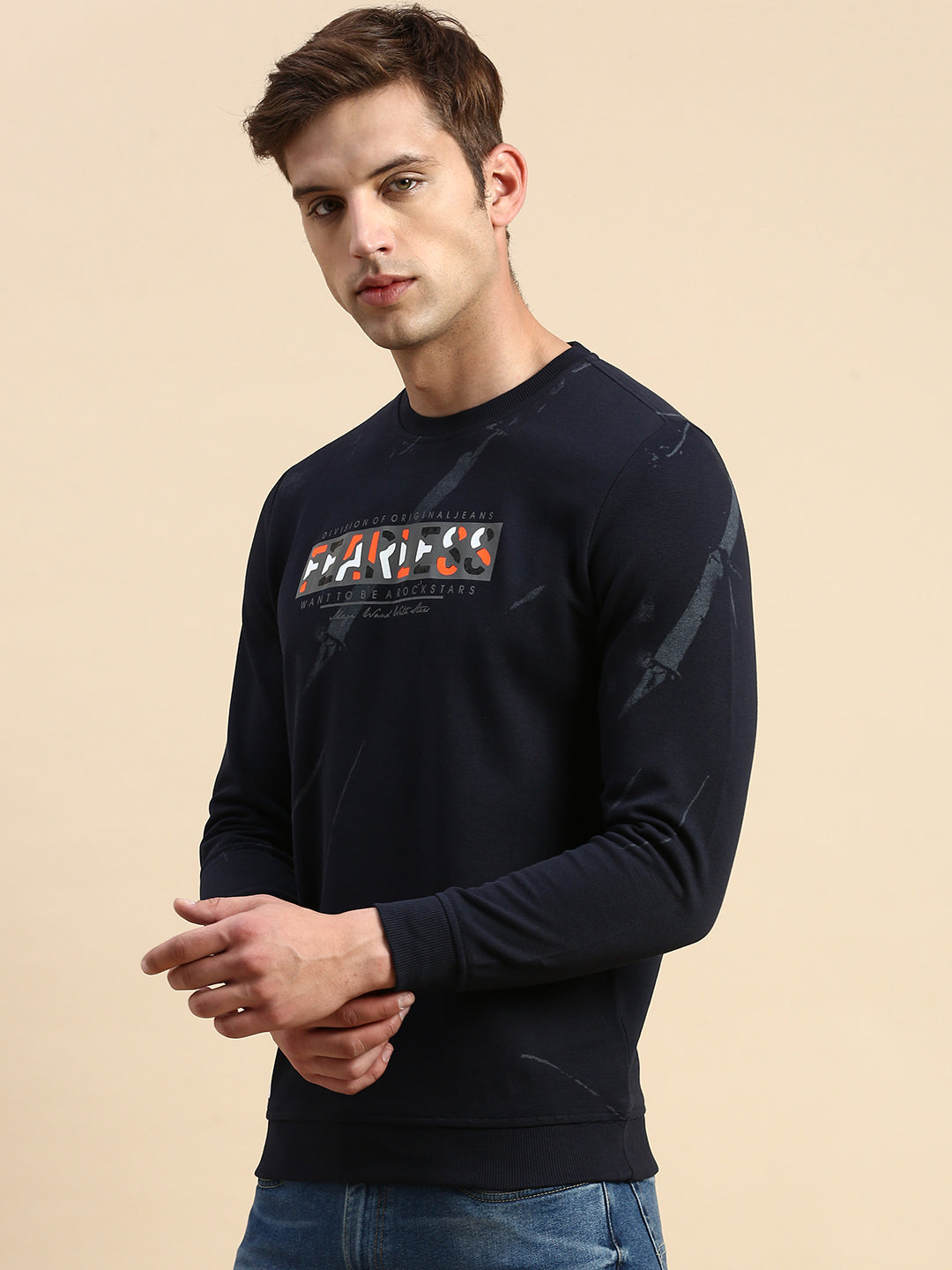 Men Navy Printed Casual Sweatshirt