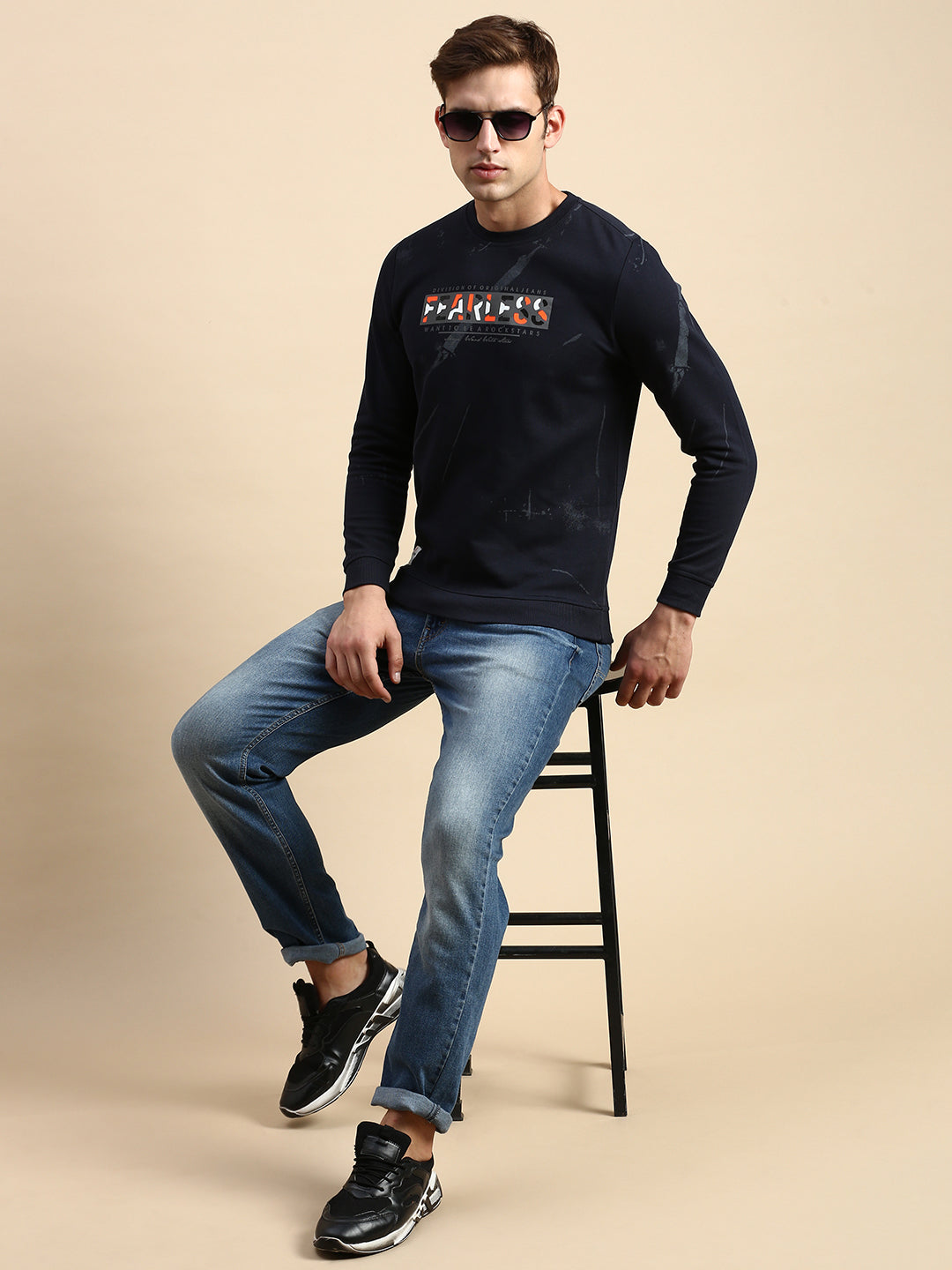 Men Navy Printed Casual Sweatshirt