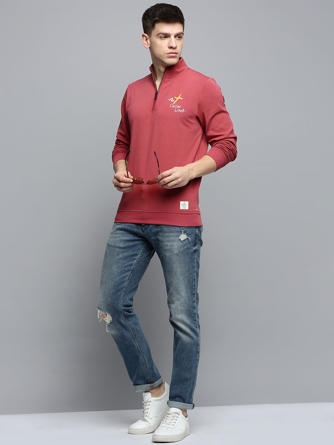 Men Pink Solid Casual Sweatshirt