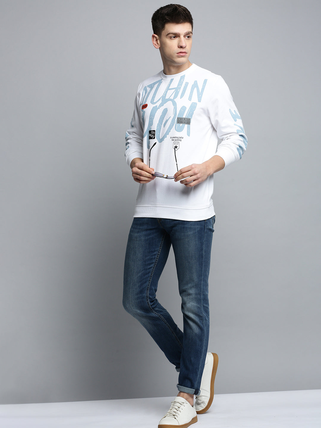 Men White Printed Casual Sweatshirt