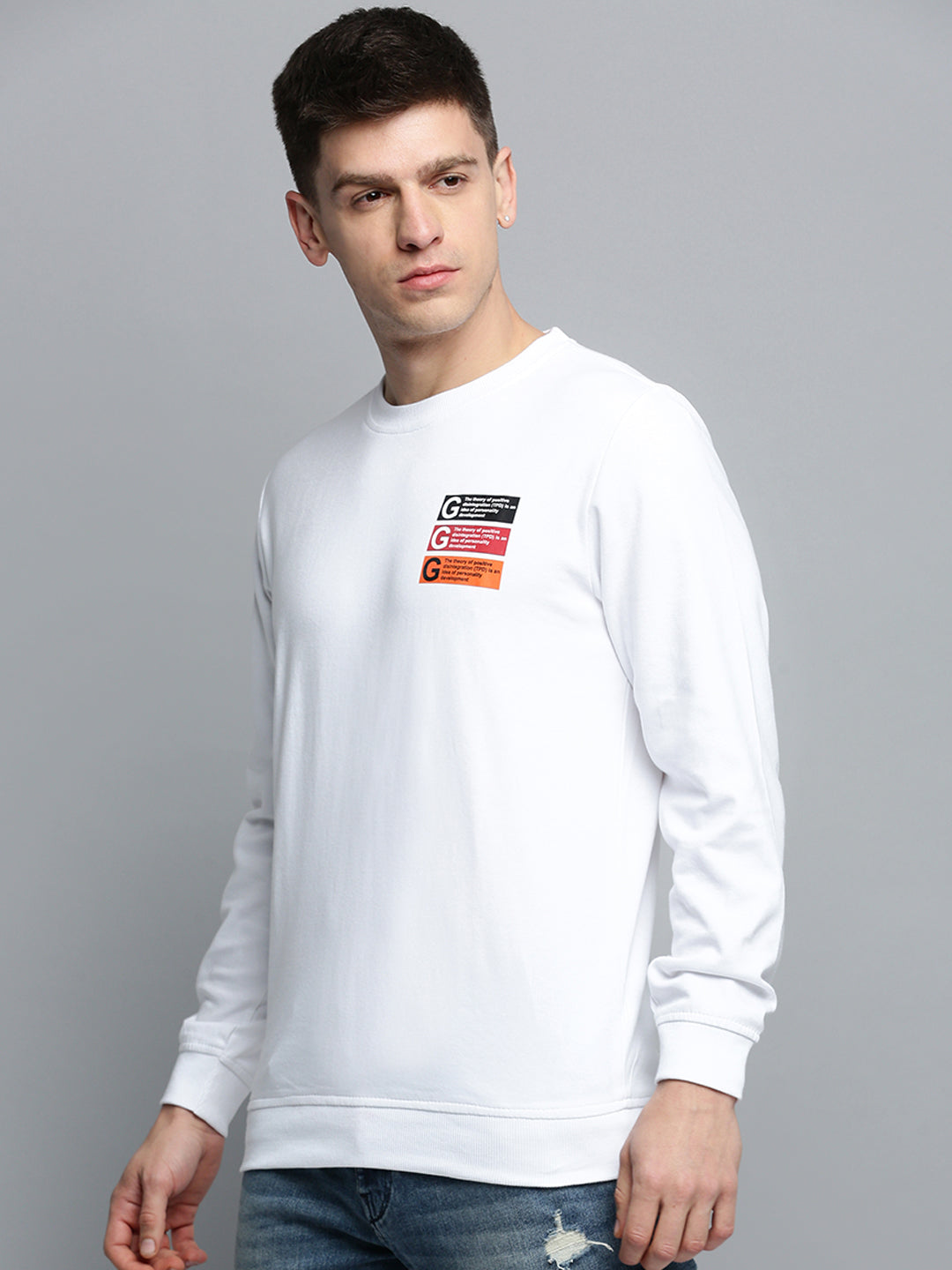 Men White Solid Casual Sweatshirt