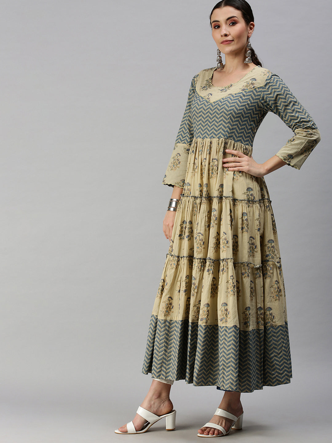 Women's Beige & Blue Printed Anarkali Kurta